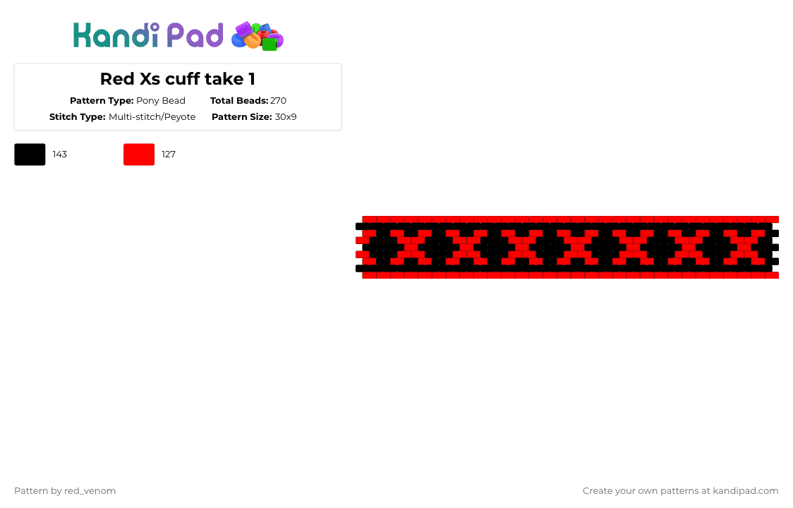 Red Xs cuff take 1 - Pony Bead Pattern by red_venom on Kandi Pad - red,black,x,edgy,emo,dark,cool