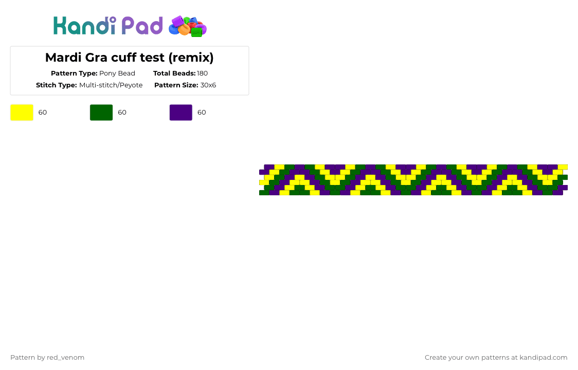 Mardi Gra cuff test (remix) - Pony Bead Pattern by red_venom on Kandi Pad - yellow,green,purple