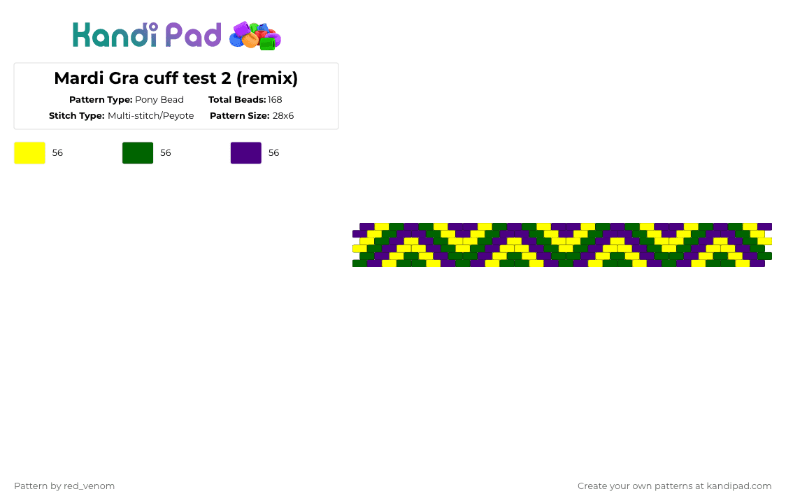 Mardi Gra cuff test 2 (remix) - Pony Bead Pattern by red_venom on Kandi Pad - yellow,green,purple