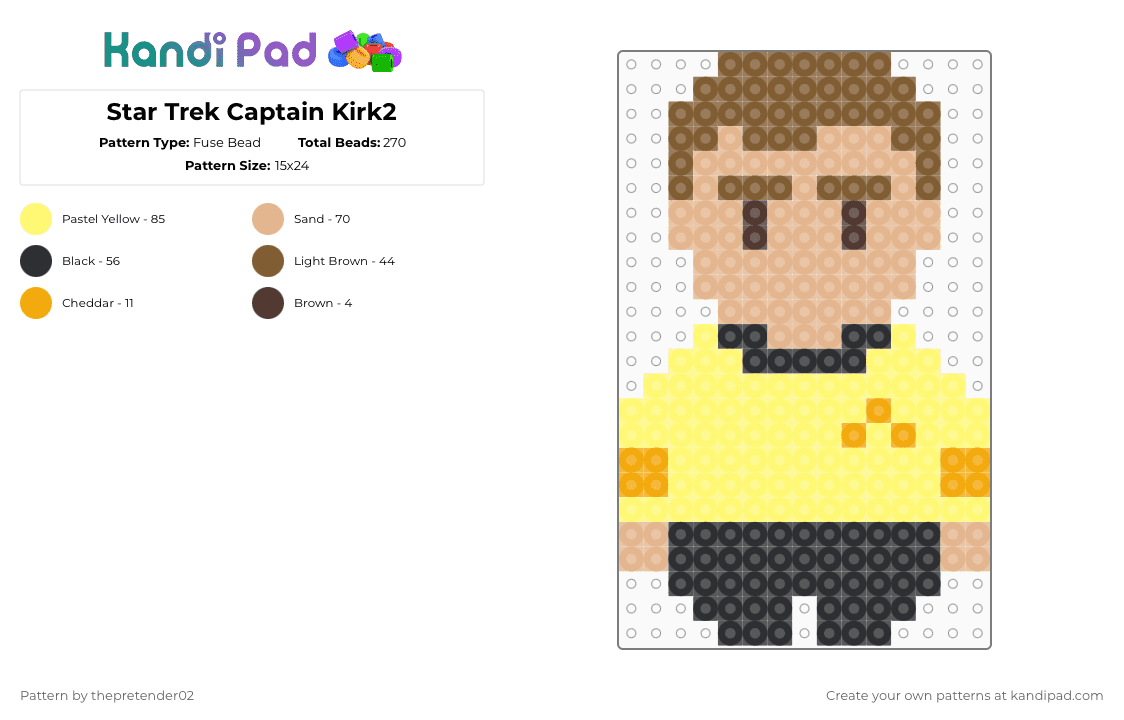 Star Trek Captain Kirk2 - Fuse Bead Pattern by thepretender02 on Kandi Pad - captain kirk,character,chibi,space,tv show,science fiction,alien,scifi,beige,yellow,tan,star trek