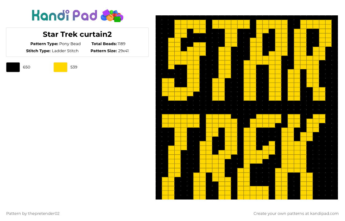 Star Trek curtain2 - Pony Bead Pattern by thepretender02 on Kandi Pad - black, logo, panel, scifi, star trek, tapestry, text, yellow