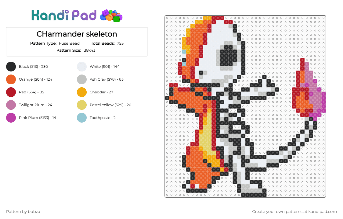 CHarmander skeleton - Fuse Bead Pattern by bubza on Kandi Pad - beige, orange, red
