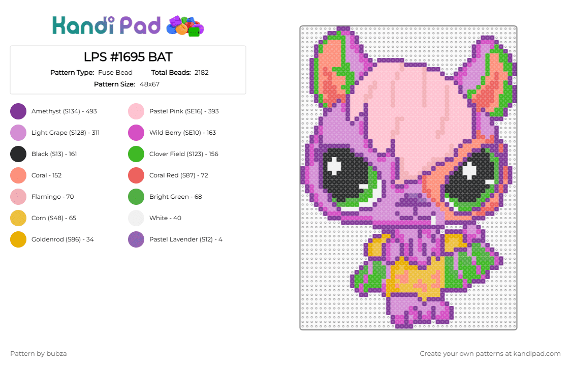 LPS #1695 BAT - Fuse Bead Pattern by bubza on Kandi Pad - pink
