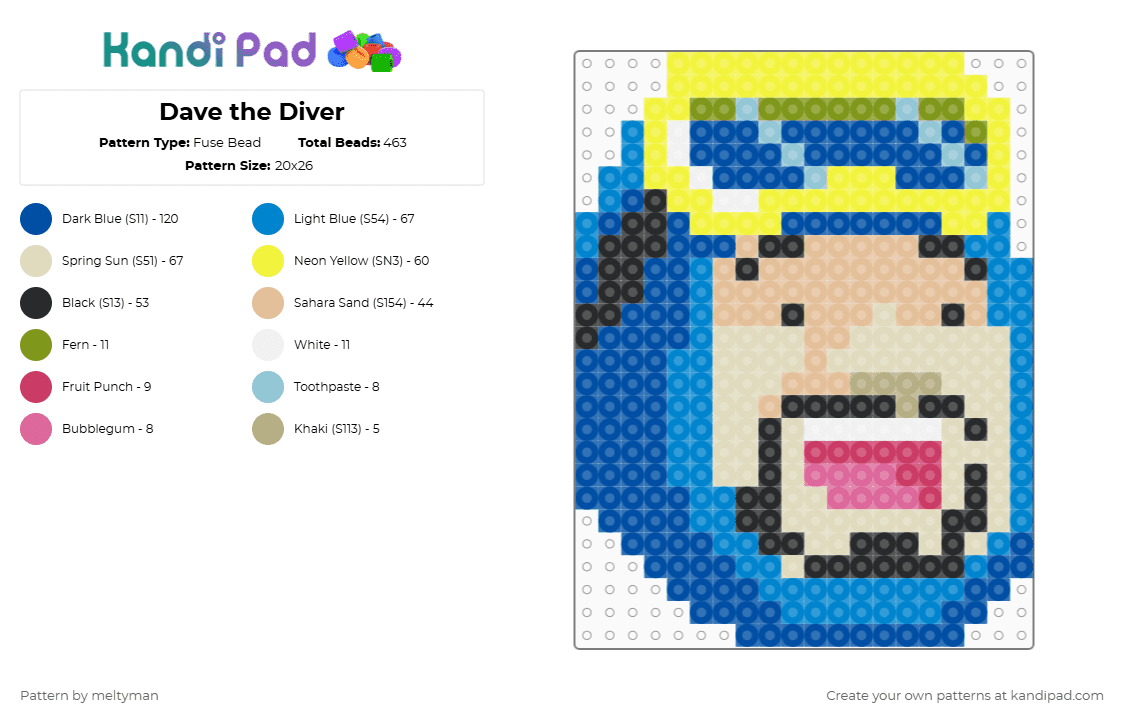 Dave the Diver - Fuse Bead Pattern by meltyman on Kandi Pad - blue,beige