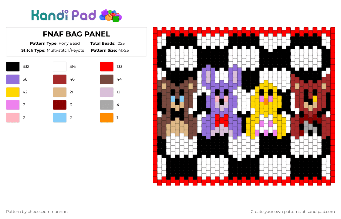 FNAF BAG PANEL - Pony Bead Pattern by tekkno_train_sys on Kandi Pad - fnaf,bag,panel,silverpurse,video game,horror,five nights at freddy's,gaming,halloween,spooky,white,red,yellow,colorful