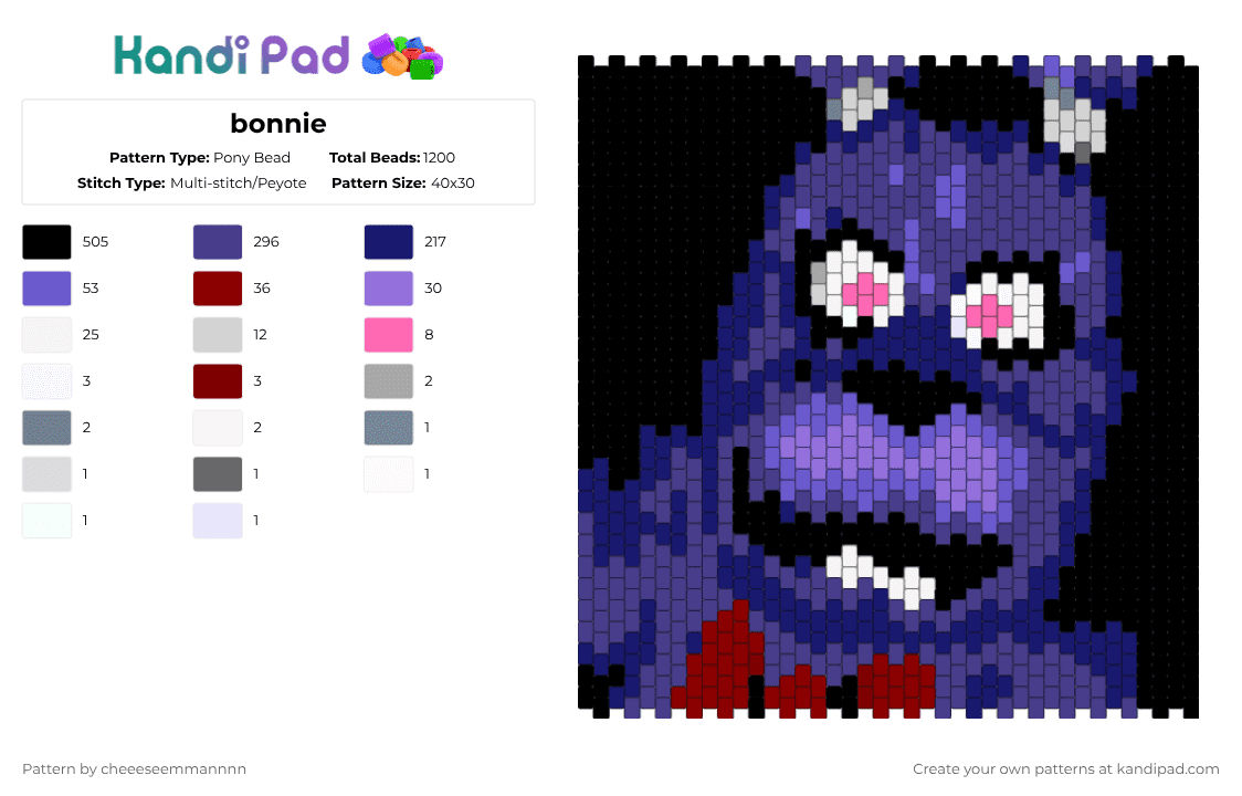 bonnie - Pony Bead Pattern by tekkno_train_sys on Kandi Pad - bonnie,fnaf,panel,portrait,five nights at freddys,rabbit,video game,gaming,animal,black,purple