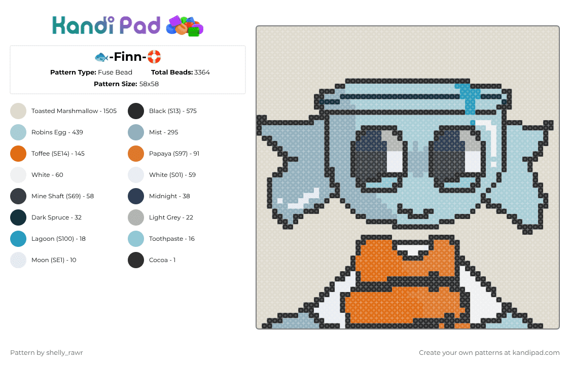 🐟-Finn-🛟 - Fuse Bead Pattern by shelly_rawr on Kandi Pad - light blue,beige
