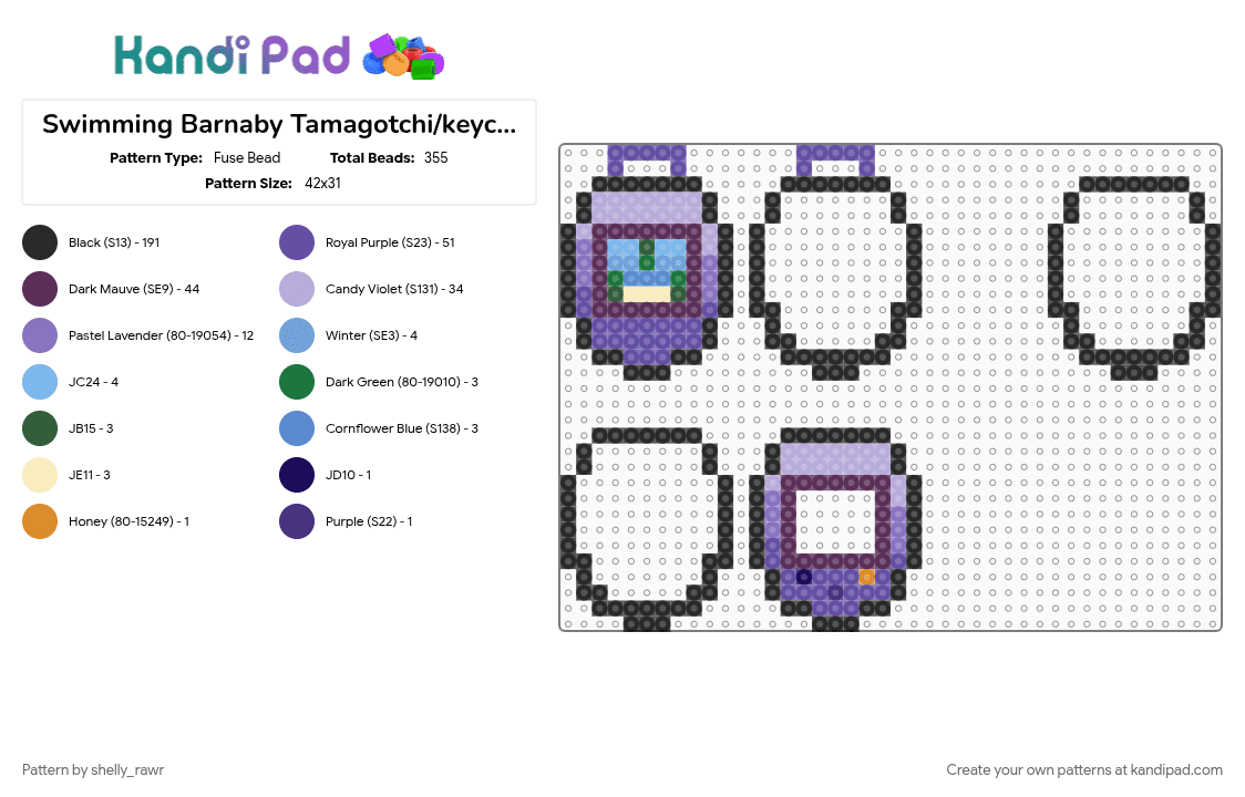 Swimming Barnaby Tamagotchi/keychain - Fuse Bead Pattern by shelly_rawr on Kandi Pad - black, dandys world, finn, game, gradient, pink, purple