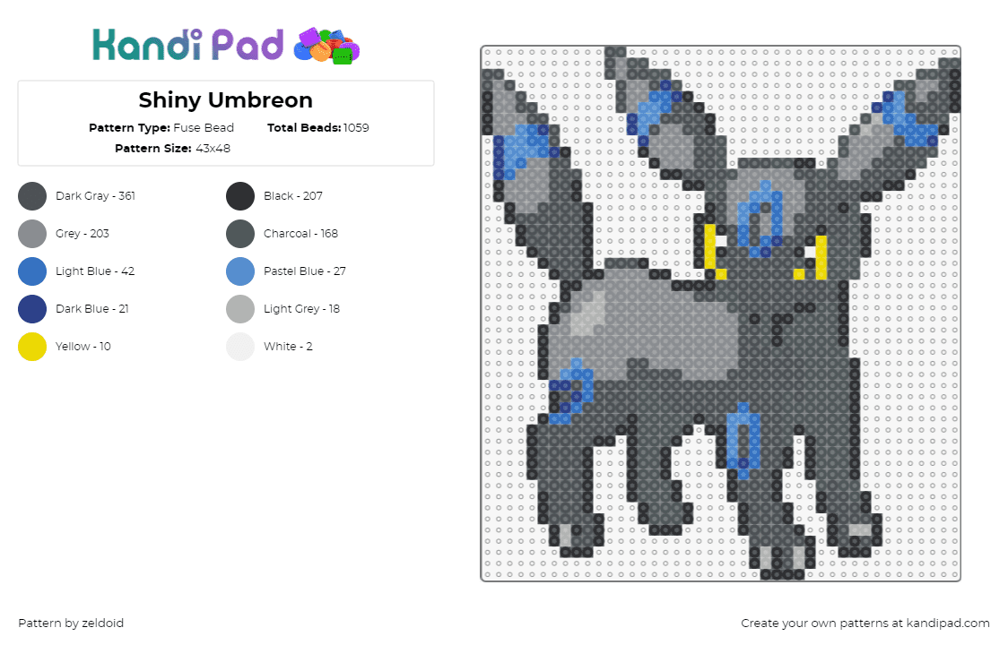 Shiny Umbreon - Fuse Bead Pattern by zeldoid on Kandi Pad - umbreon,pokemon,character,gaming,evolution,eevee,gray