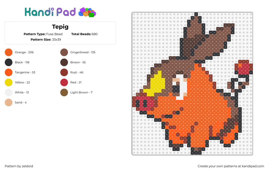 Tepig - Fuse Bead Pattern by zeldoid on Kandi Pad - tepig,pokemon,character,gaming,orange,brown