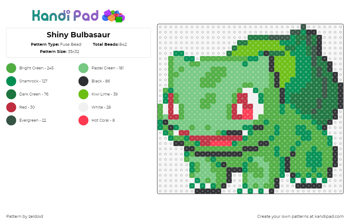 Shiny Bulbasaur - Fuse Bead Pattern by zeldoid on Kandi Pad - bulbasaur,pokemon,character,cute,starter,gaming,green