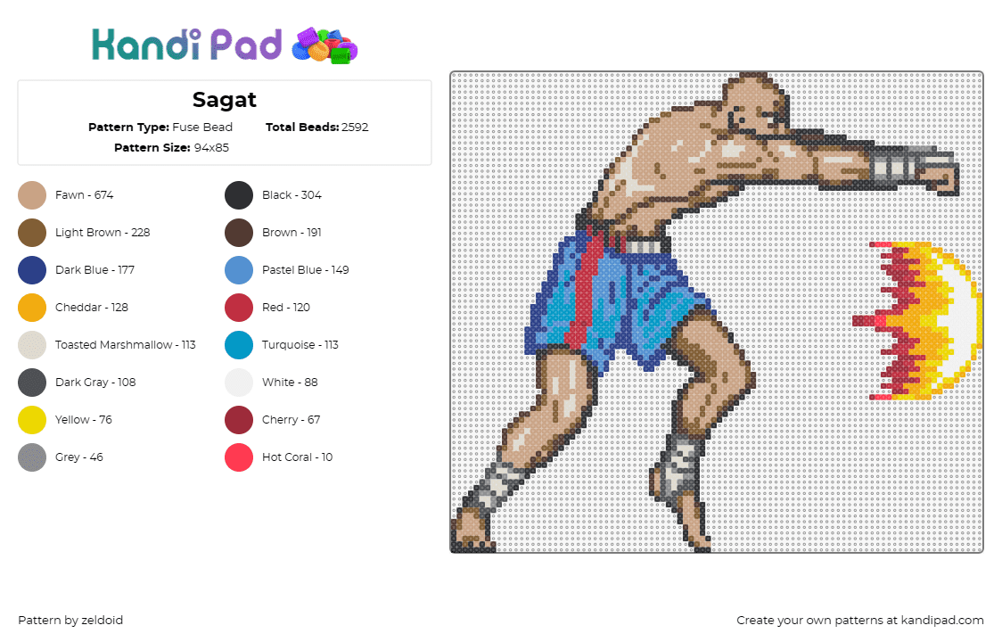 Sagat - Fuse Bead Pattern by zeldoid on Kandi Pad - sagat,street fighter,capcom,martial artist,tiger fireball,fighting game,action,b