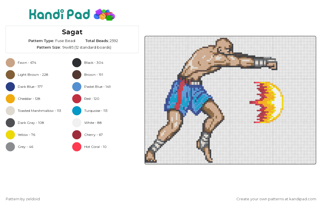 Sagat - Fuse Bead Pattern by zeldoid on Kandi Pad - sagat,street fighter,capcom,martial artist,tiger fireball,fighting game,action,blue shorts,skin