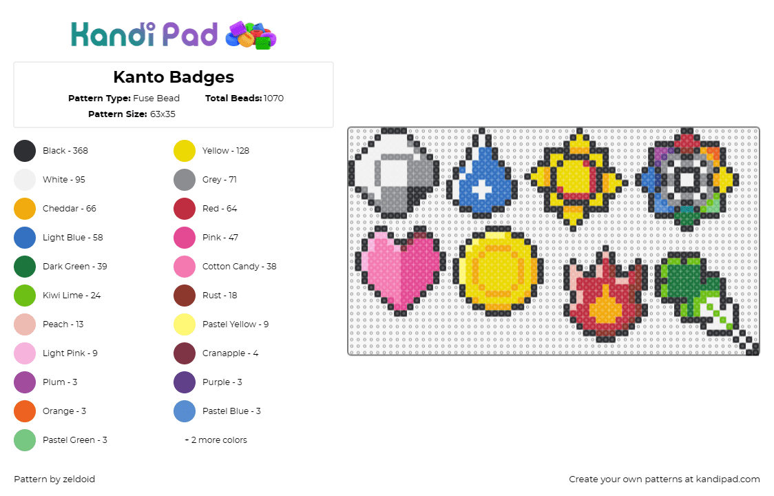 Kanto Badges - Fuse Bead Pattern by zeldoid on Kandi Pad - kanto,pokemon,gym,gaming,badges,icons,colorful,yellow,pink,green