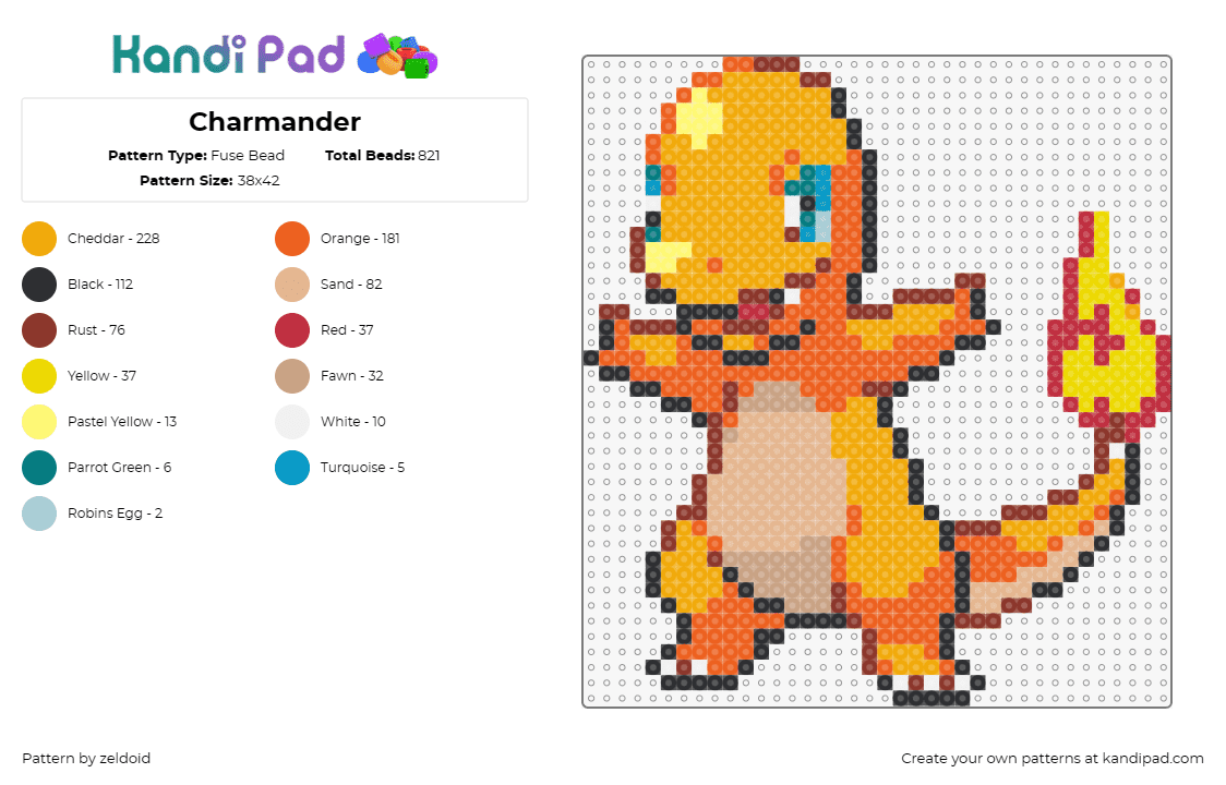 Charmander - Fuse Bead Pattern by zeldoid on Kandi Pad - charmander,charizard,pokemon,fire type,lizard,flame,orange,yellow,black