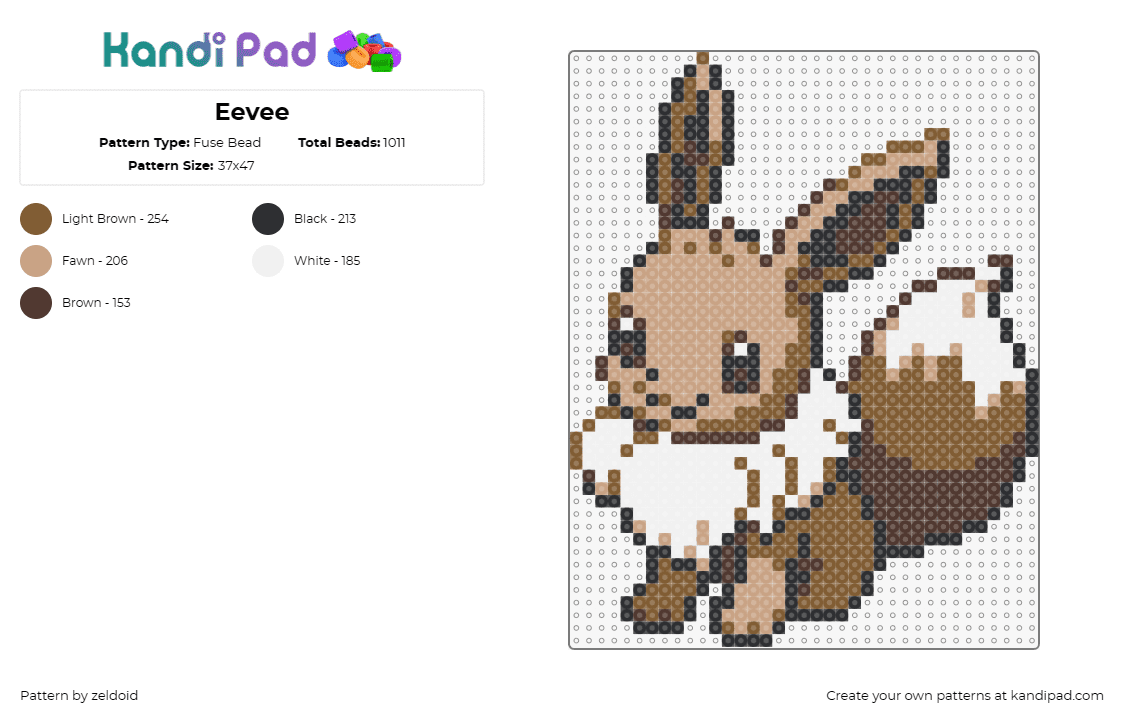 Eevee - Fuse Bead Pattern by zeldoid on Kandi Pad - eevee,pokemon,character,gaming,cute,anime,brown,white