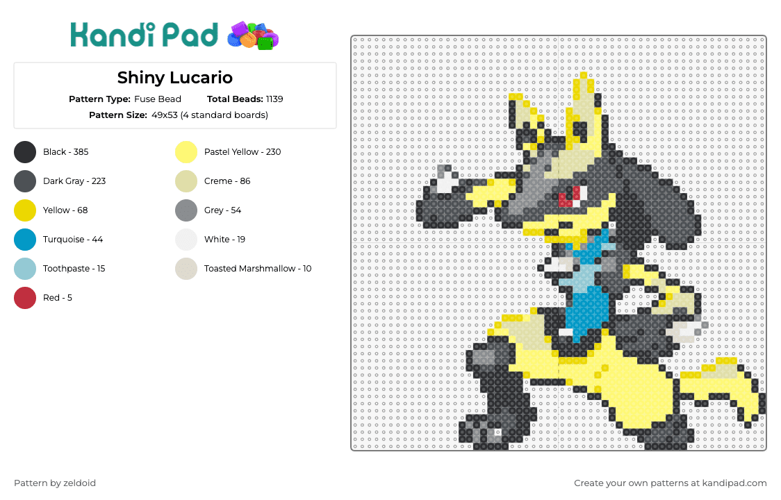 Shiny Lucario - Fuse Bead Pattern by zeldoid on Kandi Pad - lucario,pokemon,fighting,steel,aura,anthropomorphic,stance,yellow