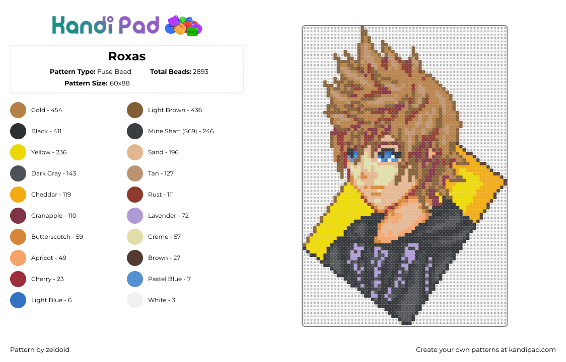 Roxas - Fuse Bead Pattern by zeldoid on Kandi Pad - roxas,kingdom hearts,portrait,character,video game,anime,tan,yellow,black