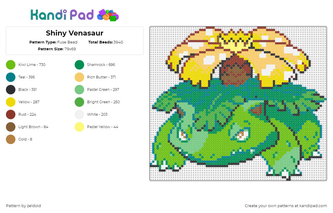 Shiny Venasaur - Fuse Bead Pattern by zeldoid on Kandi Pad - venusaur,pokemon,palm tree,character,gaming,evolution,green,yellow