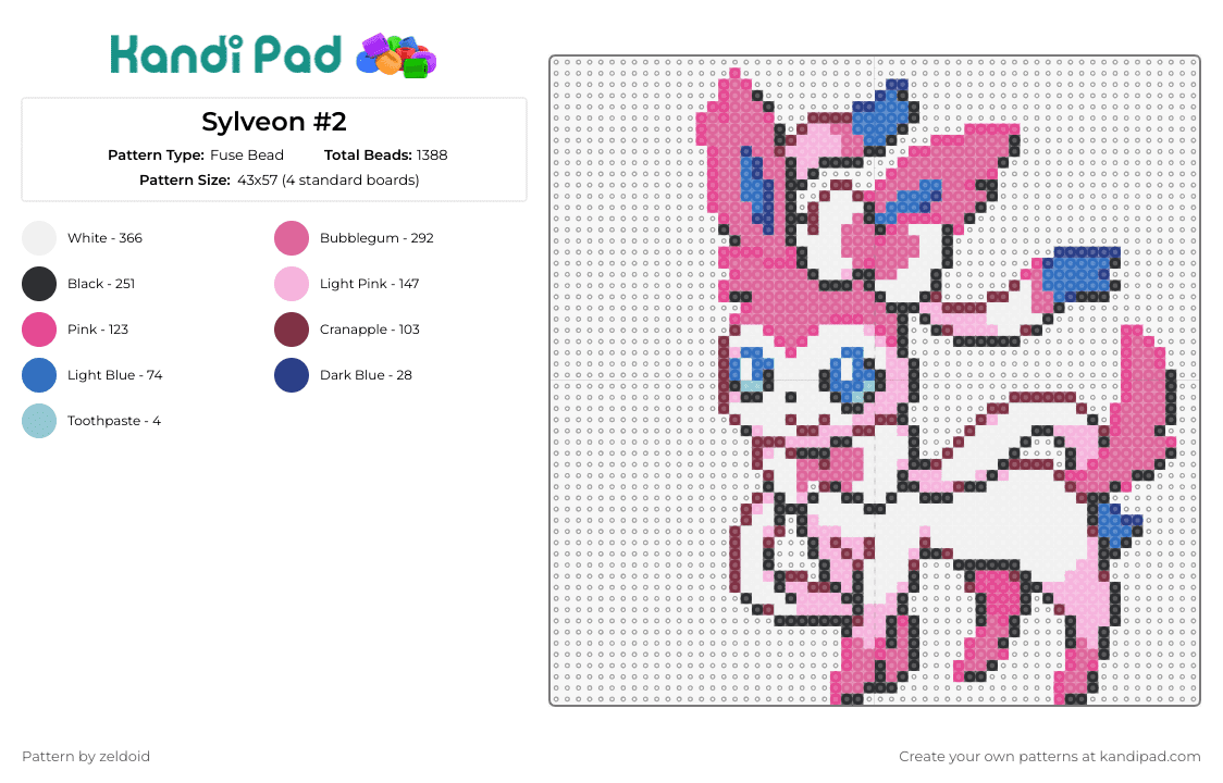 Sylveon #2 - Fuse Bead Pattern by zeldoid on Kandi Pad - sylveon,eevee,pokemon,pink,playful,animated character,evolution,ribbons,blue eyes
