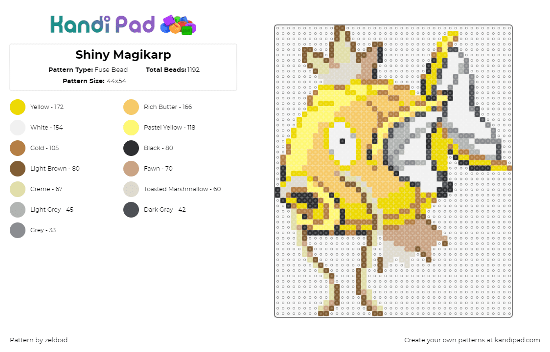 Shiny Magikarp - Fuse Bead Pattern by zeldoid on Kandi Pad - magikarp,pokemon,fish,character,gaming,gold