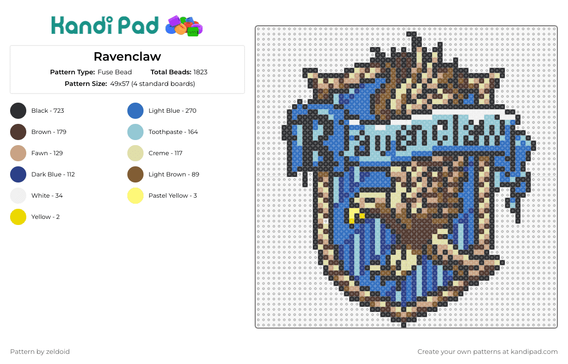Ravenclaw - Fuse Bead Pattern by zeldoid on Kandi Pad - ravenclaw,harry potter,wizard,movie,book,crest,eagle,house pride,blue,tan
