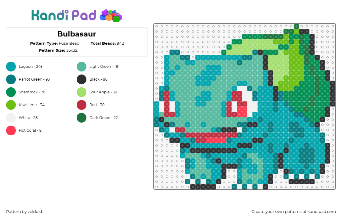 Bulbasaur - Fuse Bead Pattern by zeldoid on Kandi Pad - bulbasaur,pokemon,nostalgic,character,creature,aqua,teal,green,blue