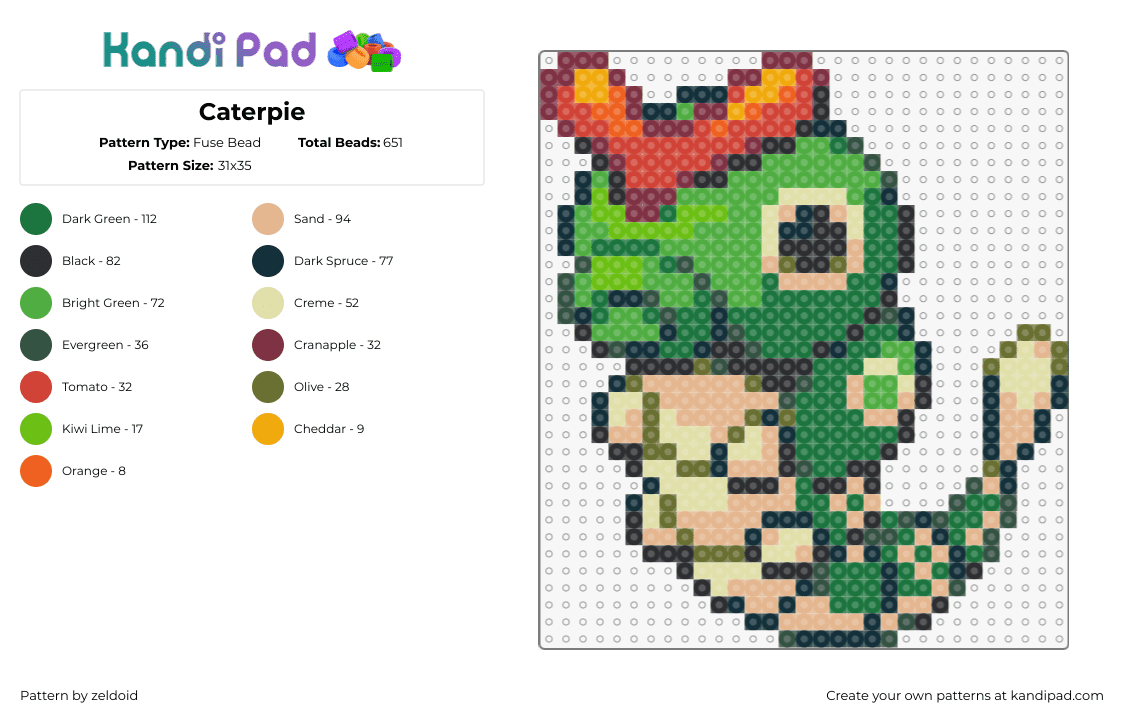 Caterpie - Fuse Bead Pattern by zeldoid on Kandi Pad - caterpie,pokemon,character,cute,gaming,green,beige,red