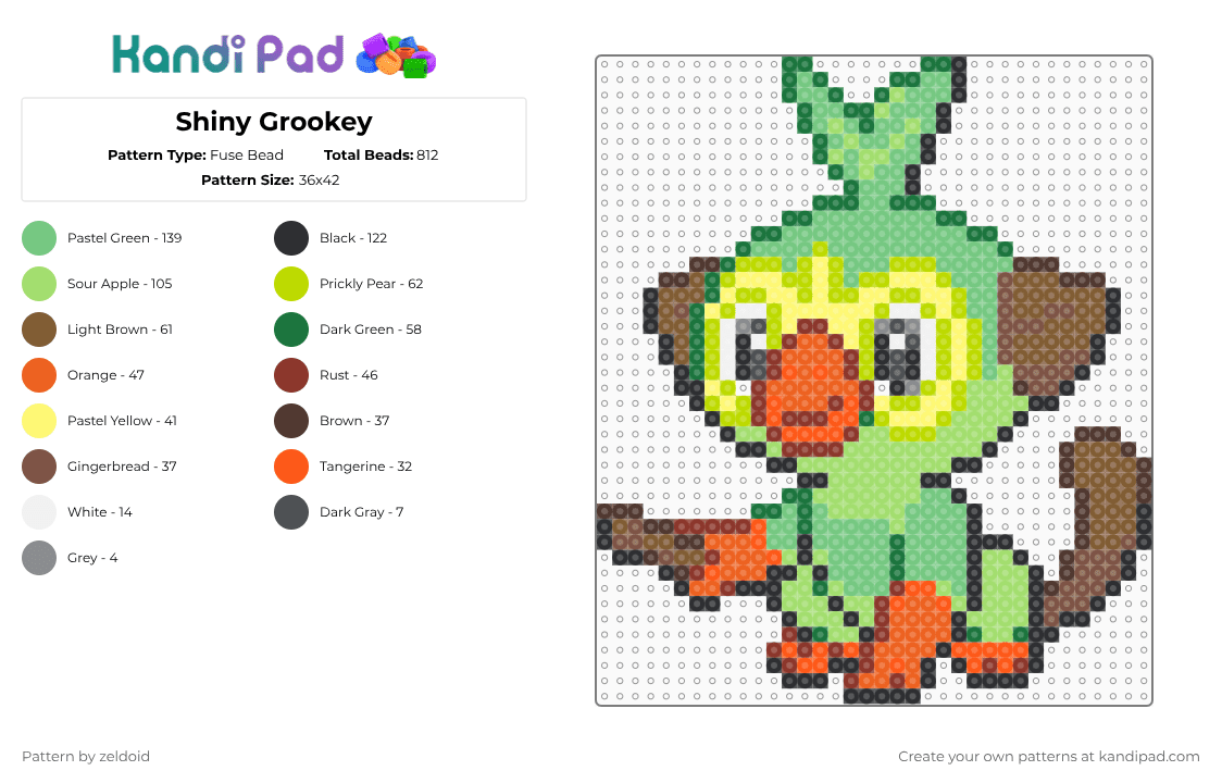 Shiny Grookey - Fuse Bead Pattern by zeldoid on Kandi Pad - green,tan,orange,teal