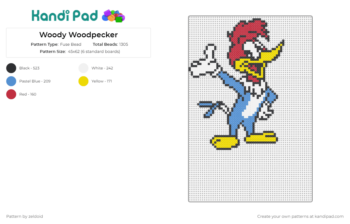 Woody Woodpecker - Fuse Bead Pattern by zeldoid on Kandi Pad - woody woodpecker,bird,cartoon,animation,character,vintage,tv show,animated,yellow,blue,red