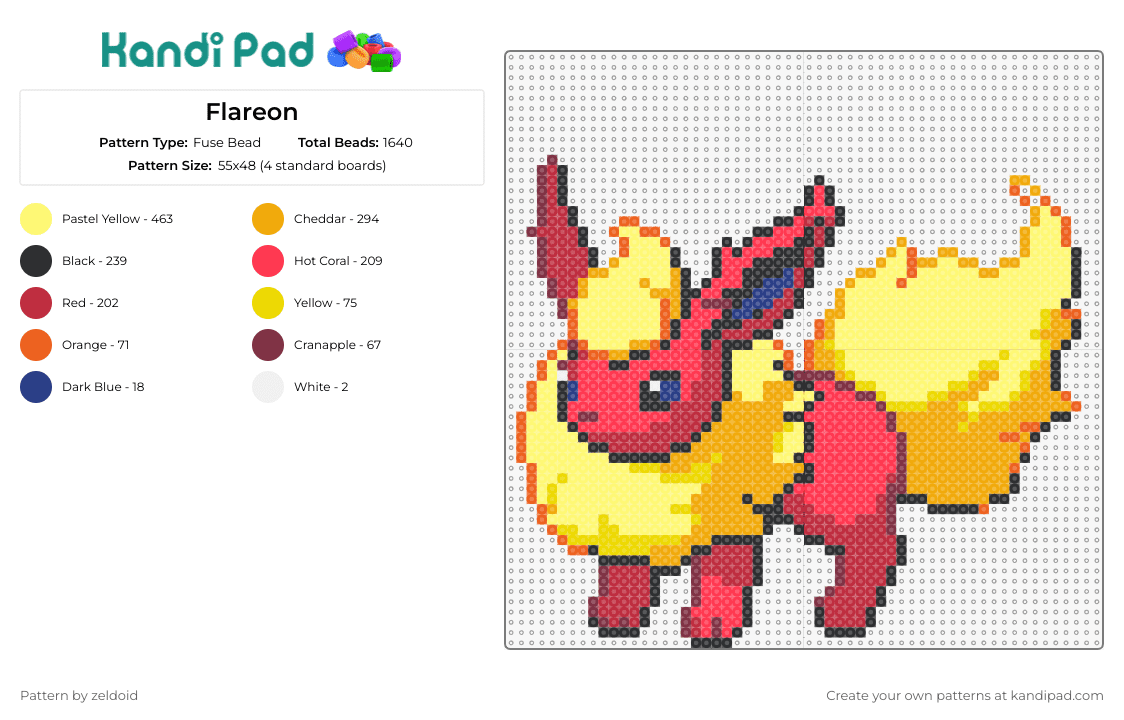 Flareon - Fuse Bead Pattern by zeldoid on Kandi Pad - flareon,eevee,pokemon,fantasy,animation,fiery,yellow,orange,red