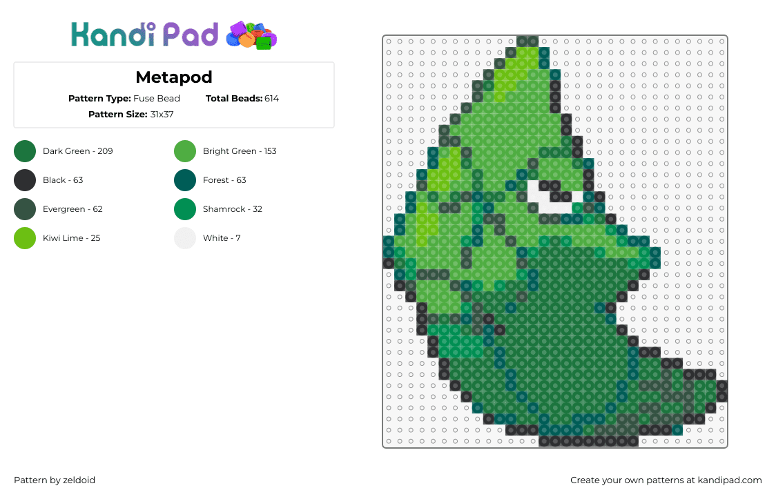 Metapod - Fuse Bead Pattern by zeldoid on Kandi Pad - metapod,pokemon,cocoon,gaming,character,green