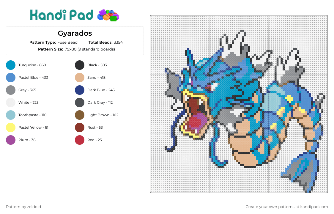 Gyarados - Fuse Bead Pattern by zeldoid on Kandi Pad - gyarados,pokemon,creature,sea monster,water type,mythical,blue,yellow,gray
