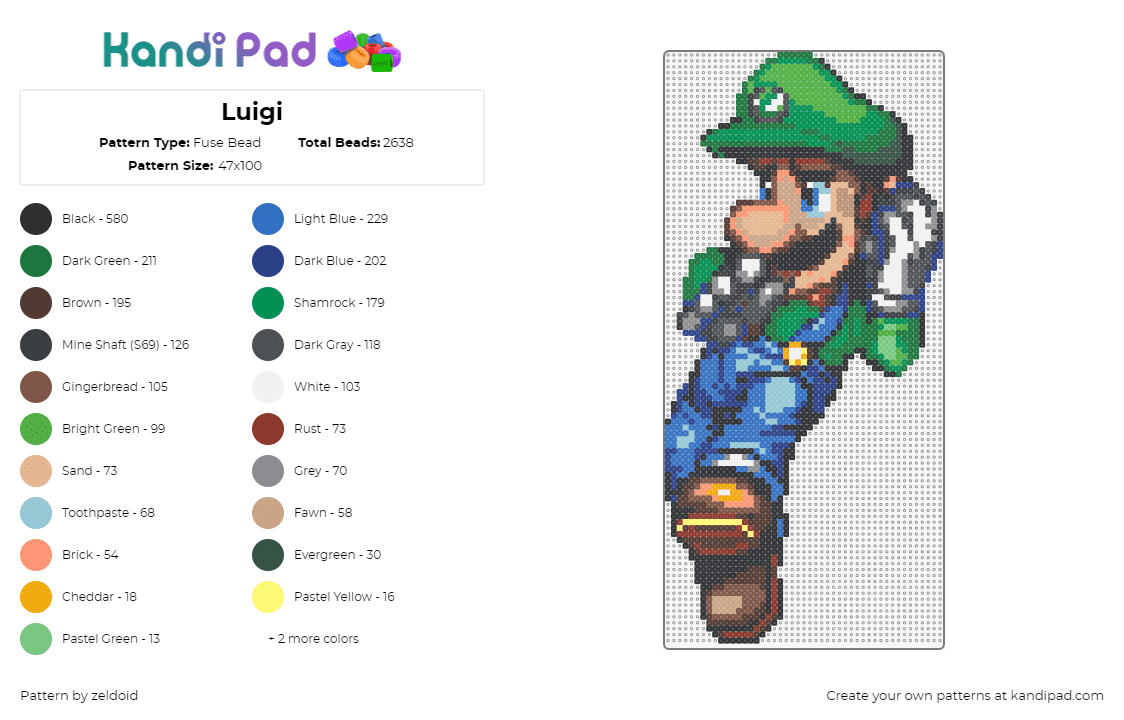 Luigi - Fuse Bead Pattern by zeldoid on Kandi Pad - luigi,mario,nintendo,character,video game,detailed,blue,green,tan