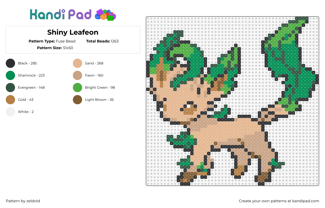 Shiny Leafeon - Fuse Bead Pattern by zeldoid on Kandi Pad - leafeon,pokemon,eevee,evolution,character,gaming,tan,green