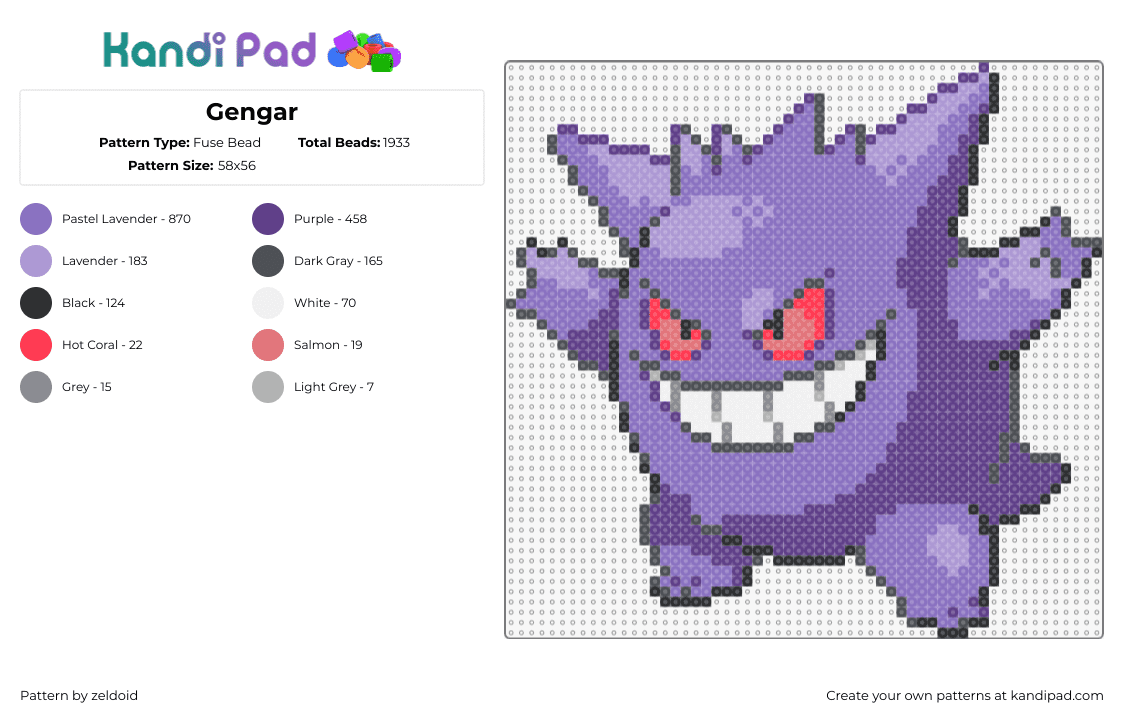 Gengar - Fuse Bead Pattern by zeldoid on Kandi Pad - gengar,pokemon,evolution,gastly,gaming,character,purple