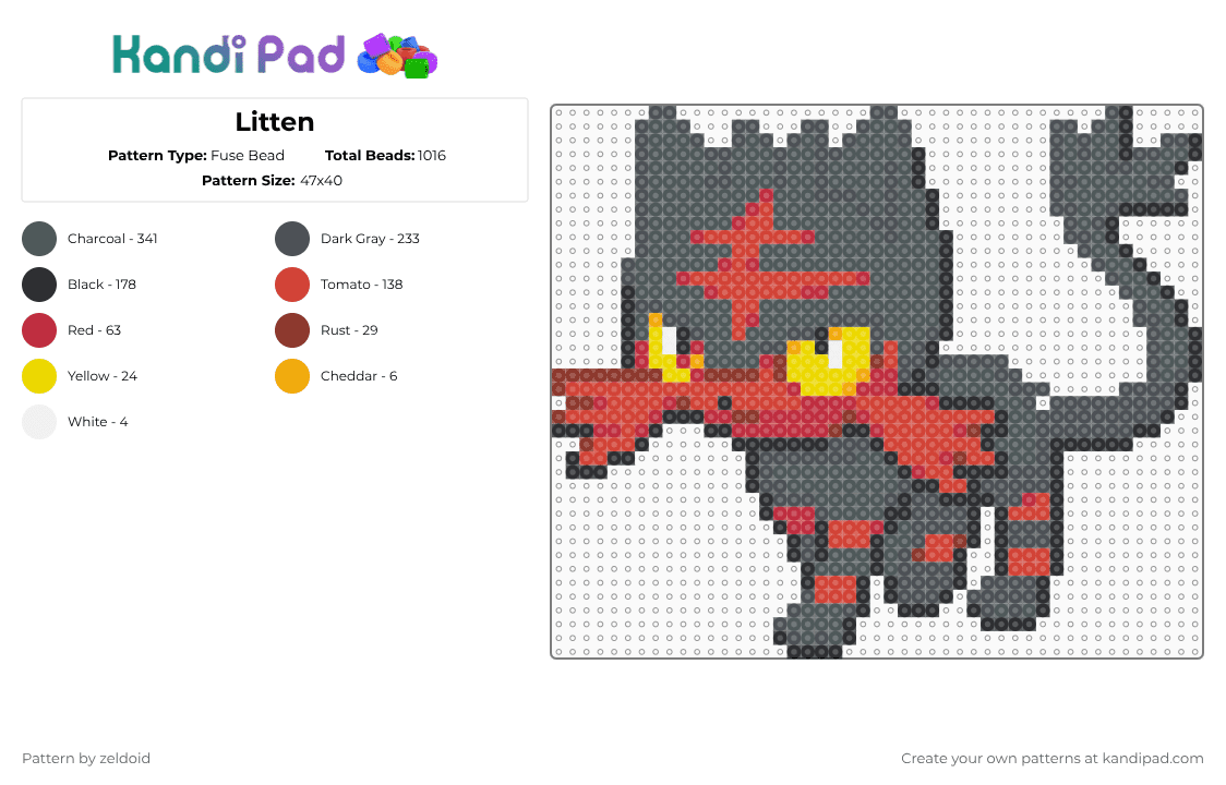 Litten - Fuse Bead Pattern by zeldoid on Kandi Pad - red,gray,pink
