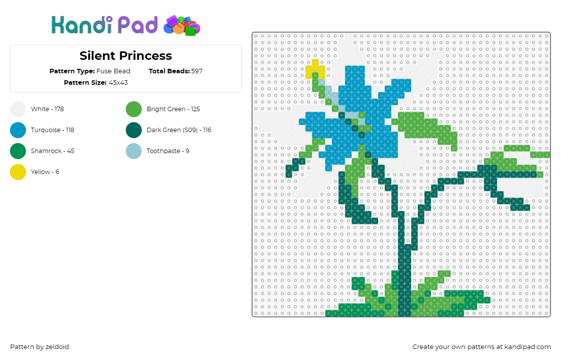 Silent Princess - Fuse Bead Pattern by zeldoid on Kandi Pad - legend of zelda,flower,silent princess,bloom,botanical,flora,videogame,blue,gree