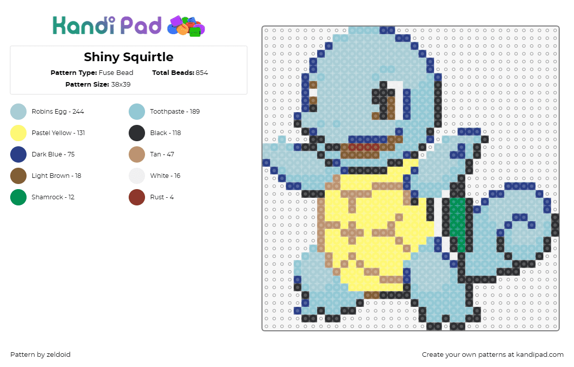 Shiny Squirtle - Fuse Bead Pattern by zeldoid on Kandi Pad - squirtle,pokemon,starter,character,gaming,cute,light blue,yellow