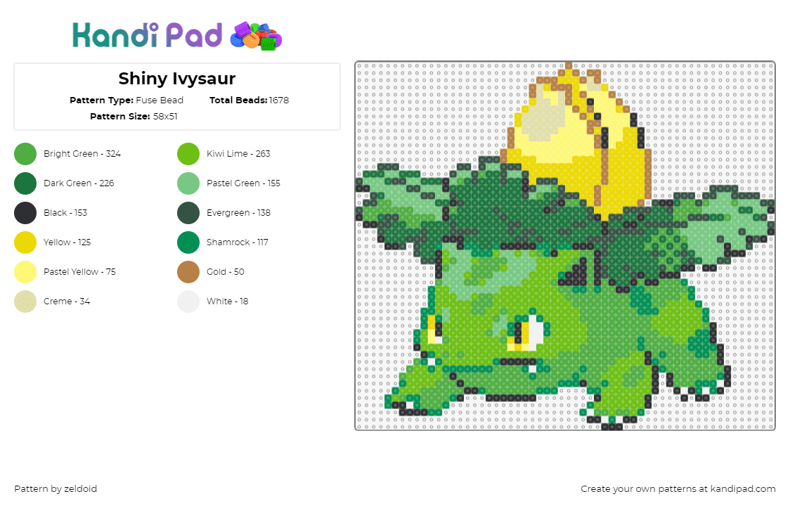 Shiny Ivysaur - Fuse Bead Pattern by zeldoid on Kandi Pad - ivysaur,pokemon,character,evolution,bulbasaur,gaming,green,yellow