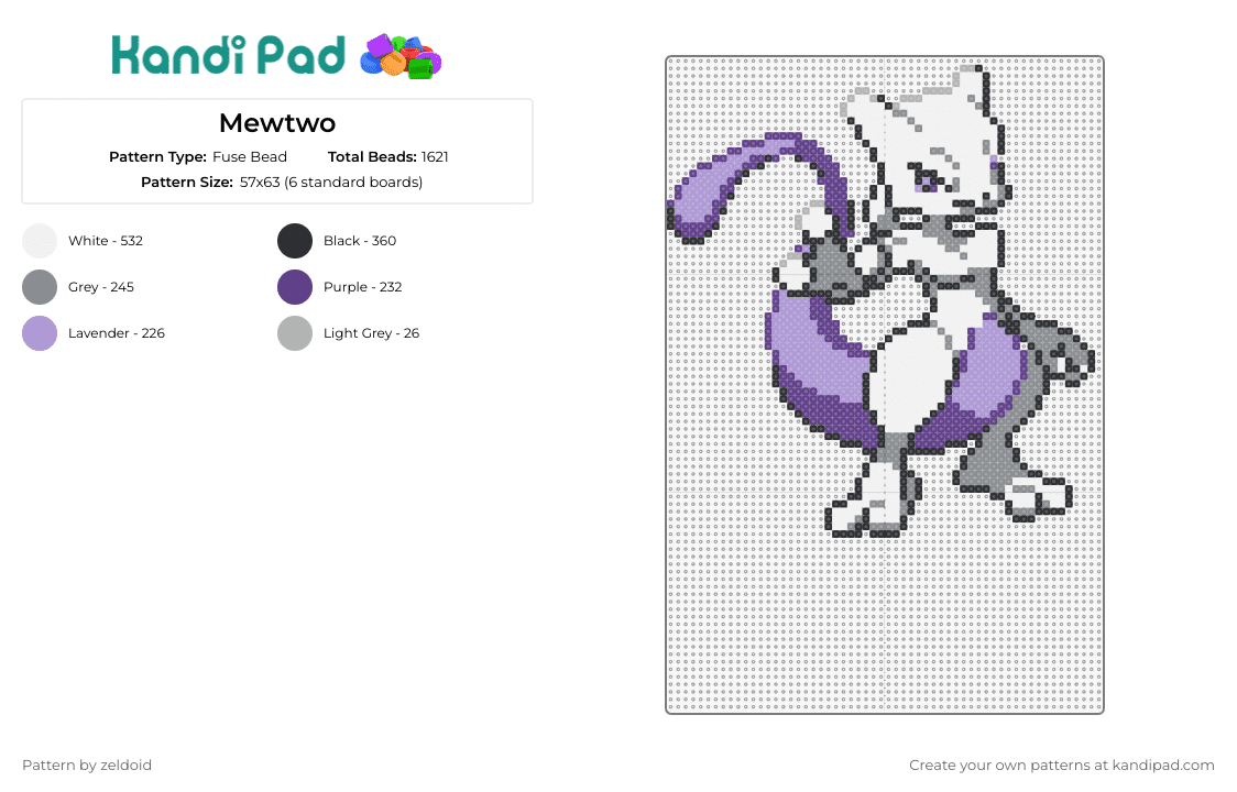 Mewtwo - Fuse Bead Pattern by zeldoid on Kandi Pad - mewtwo,pokemon,power,legendary,psychic,enigma,lavender,white,slate gray