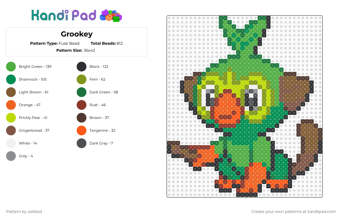 Grookey - Fuse Bead Pattern by zeldoid on Kandi Pad - green,tan