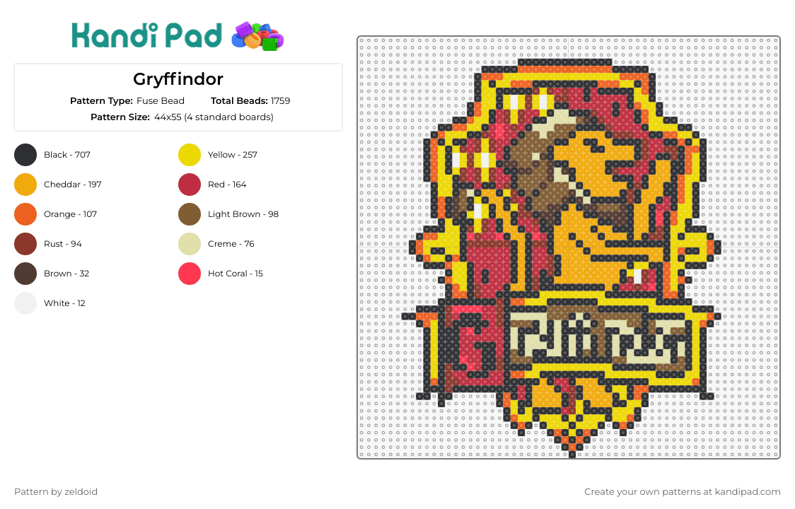Gryffindor - Fuse Bead Pattern by zeldoid on Kandi Pad - gryffindor,harry potter,crest,emblem,badge,lion,magic,house,bravery,gold,red
