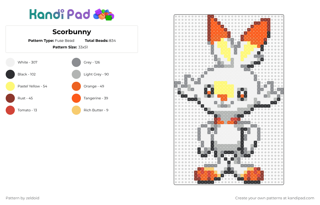 Scorbunny - Fuse Bead Pattern by zeldoid on Kandi Pad - white,gray,orange,beige