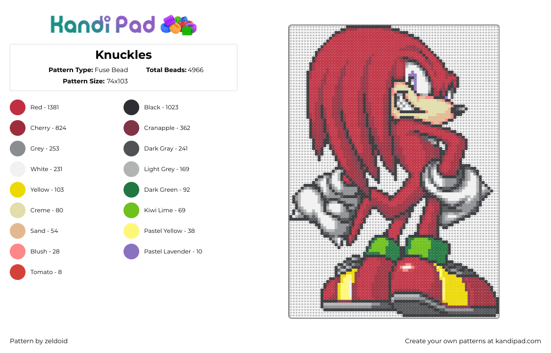 Knuckles - Fuse Bead Pattern by zeldoid on Kandi Pad - knuckles,sonic the hedgehog,character,sega,video game,red