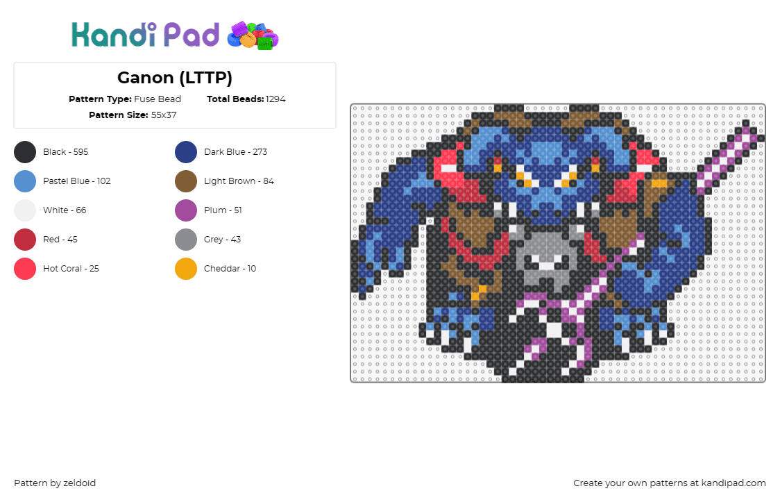 Ganon (LTTP) - Fuse Bead Pattern by zeldoid on Kandi Pad - ganon,legend of zelda,boss,character,video game,blue,fantasy,antagonist,power,vi