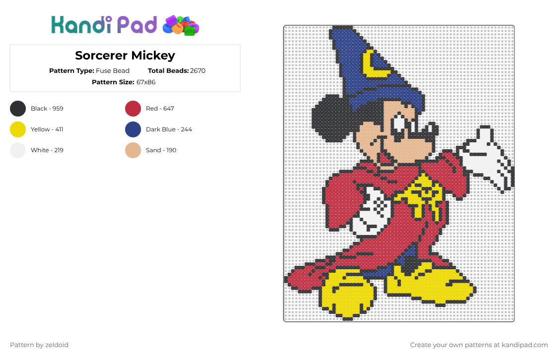 Sorcerer Mickey - Fuse Bead Pattern by zeldoid on Kandi Pad - fantasia,mickey mouse,sorcerer,disney,fantasy,movie,cartoon,yellow,red