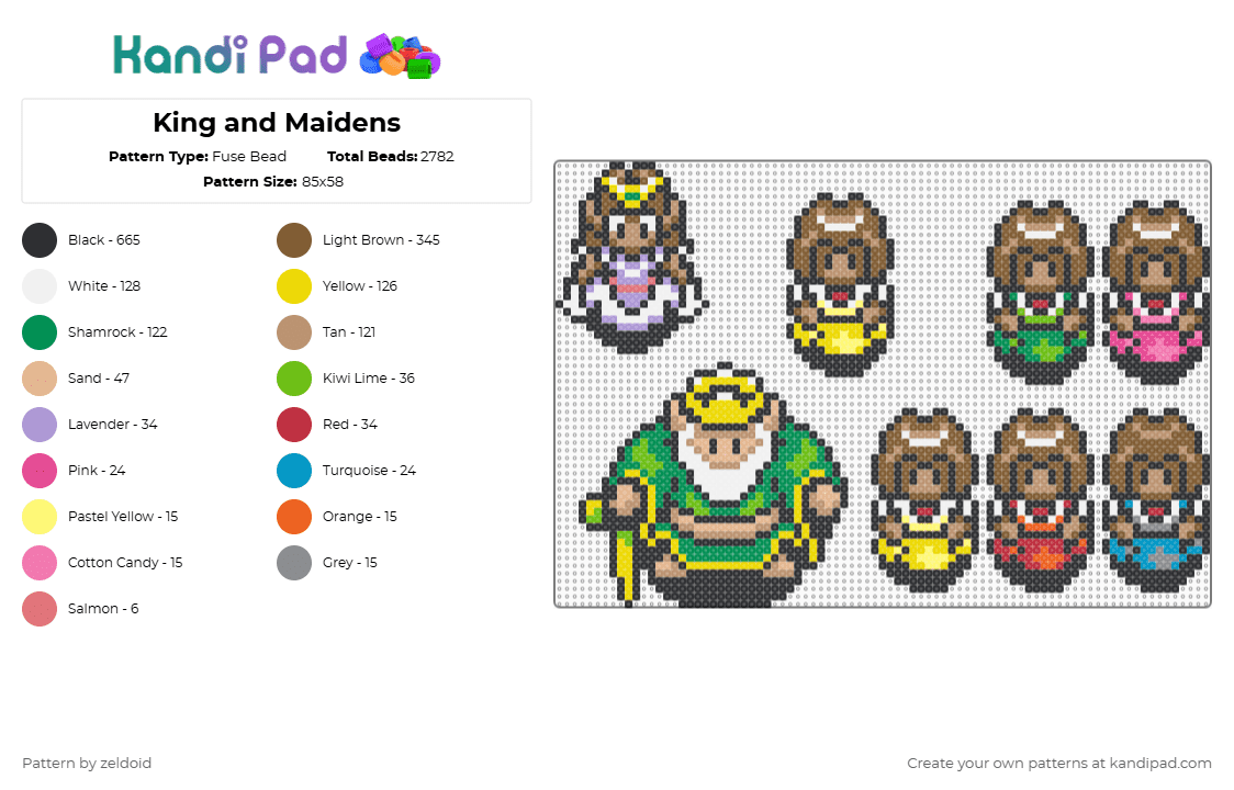 King and Maidens - Fuse Bead Pattern by zeldoid on Kandi Pad - king,legend of zelda,black,beige,green,colorful