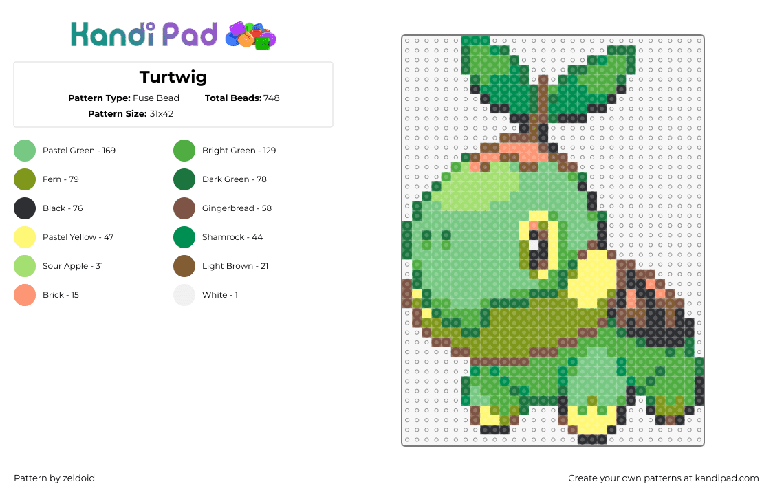 Turtwig - Fuse Bead Pattern by zeldoid on Kandi Pad - turtwig,pokemon,character,gaming,cute,turtle,leaf,green