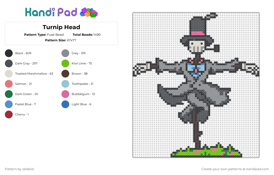 Turnip Head - Fuse Bead Pattern by zeldoid on Kandi Pad - black,gray